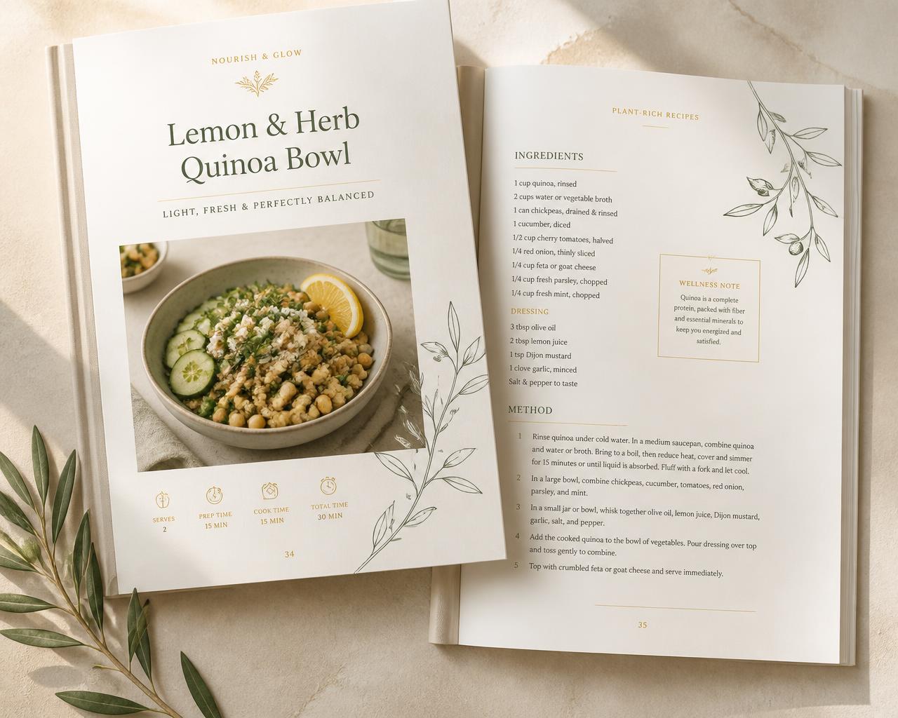 Sample interior pages of Rooted & Well showing a recipe layout with ingredients and instructions